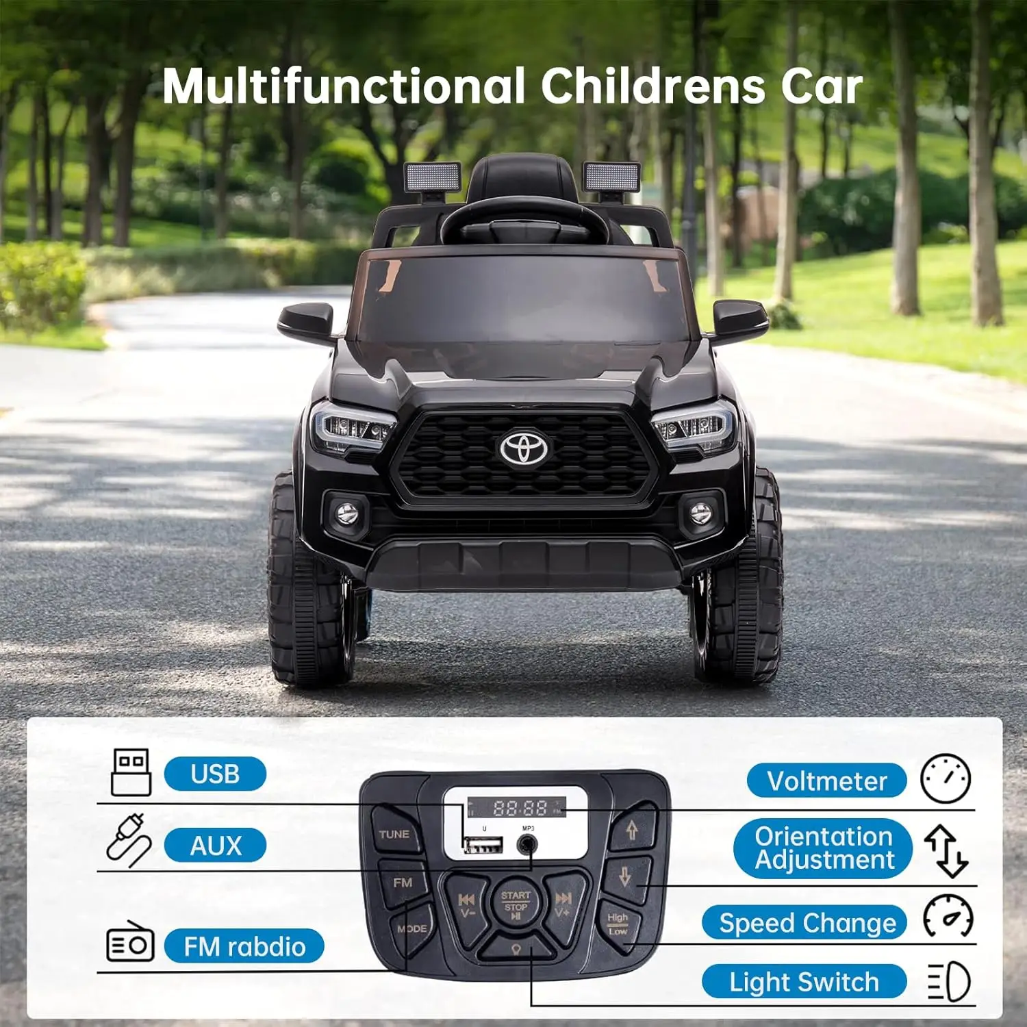 รถยนต์ของเล่นเด็ก 12V พร้อมรีโมทคอนโทรลสำหรับผู้ปกครอง ระบบกันสะเทือนแบบสปริง เข็มขัดนิรภัย สตาร์ทแบบนุ่มนวล ไฟหน้า LED สำหรับเด็กอายุ 3-6 ปี