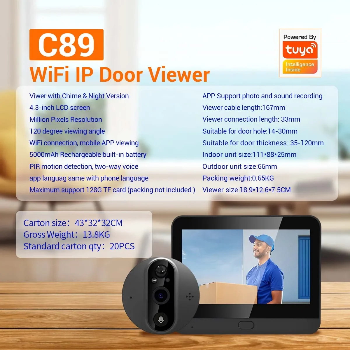 C89 1080P pemutar pintu digital cerdas, bel pintu WIFI layar 4.3 inci mendukung aplikasi TUYA PIR sudut lebar dengan penglihatan malam Film