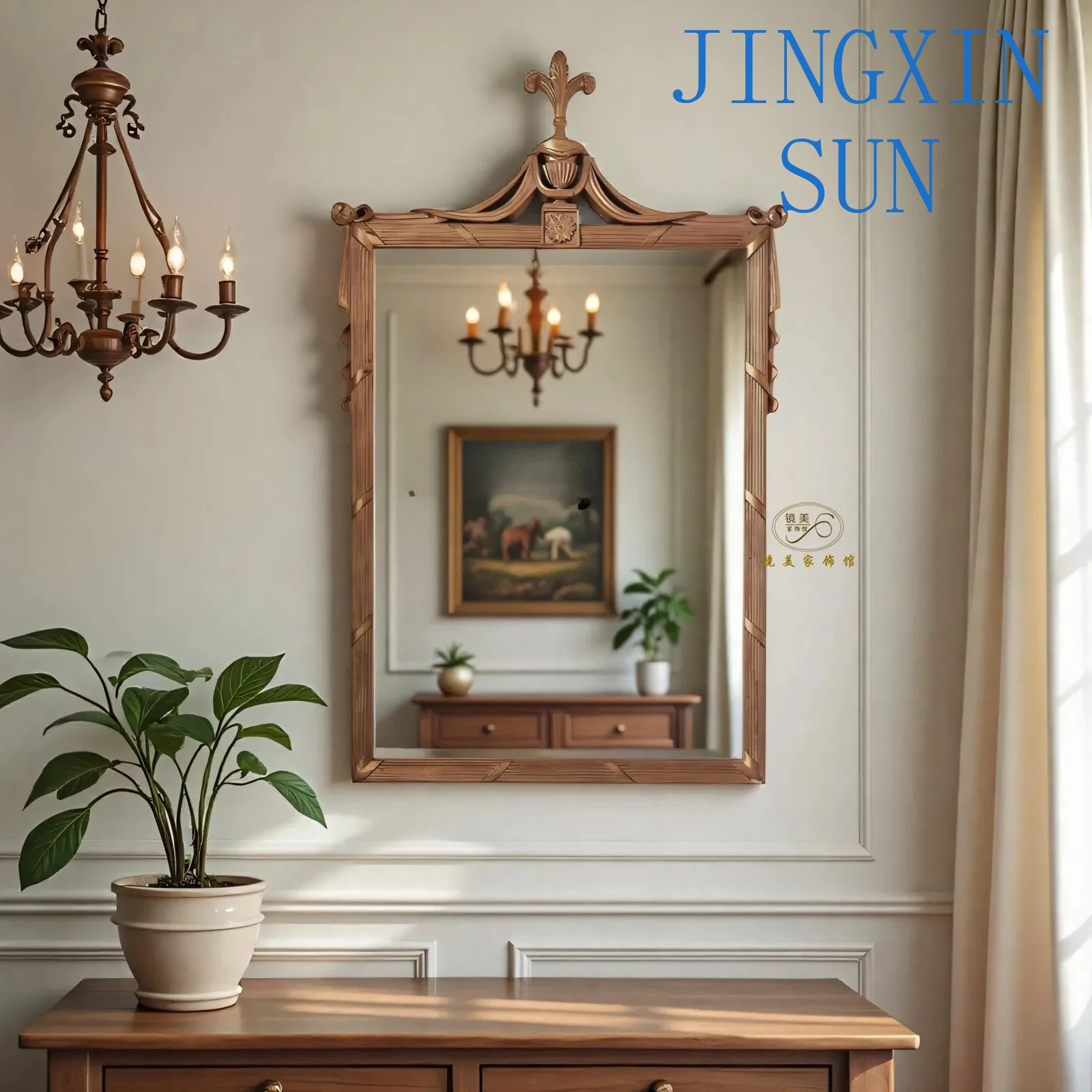 A16 Retro bathroom makeup mirror American carved wall-mounted mirror living room decorative mirror