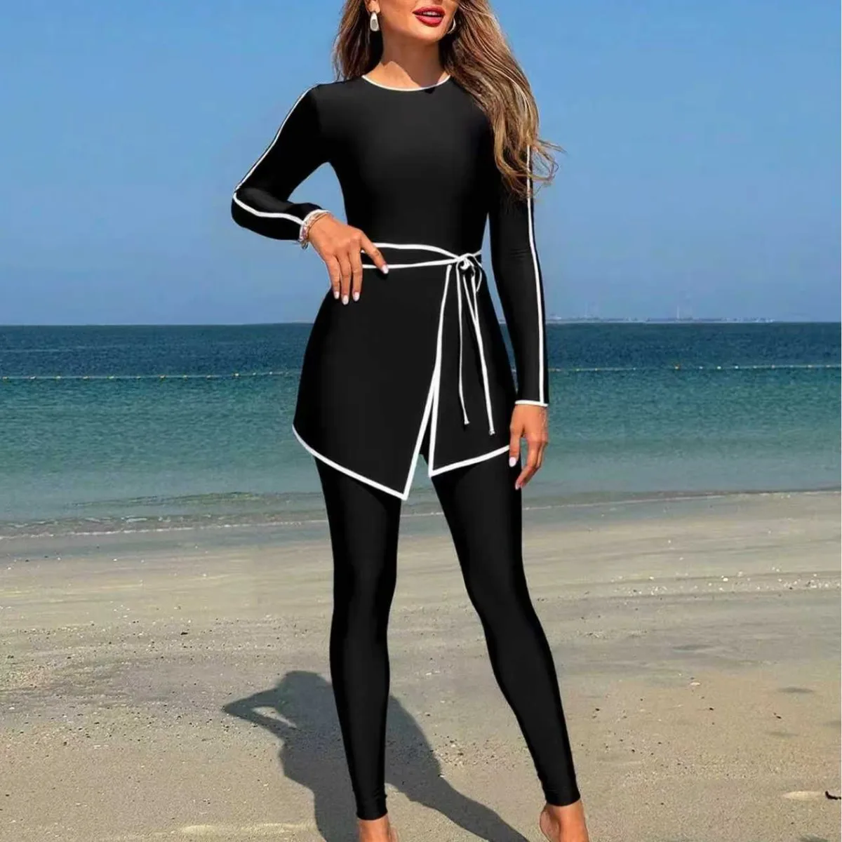 Conservative Swimsuit Full Length Trousers Swimsuit Elasticized Tie Waistband Swimsuit Maximum Sun Protection