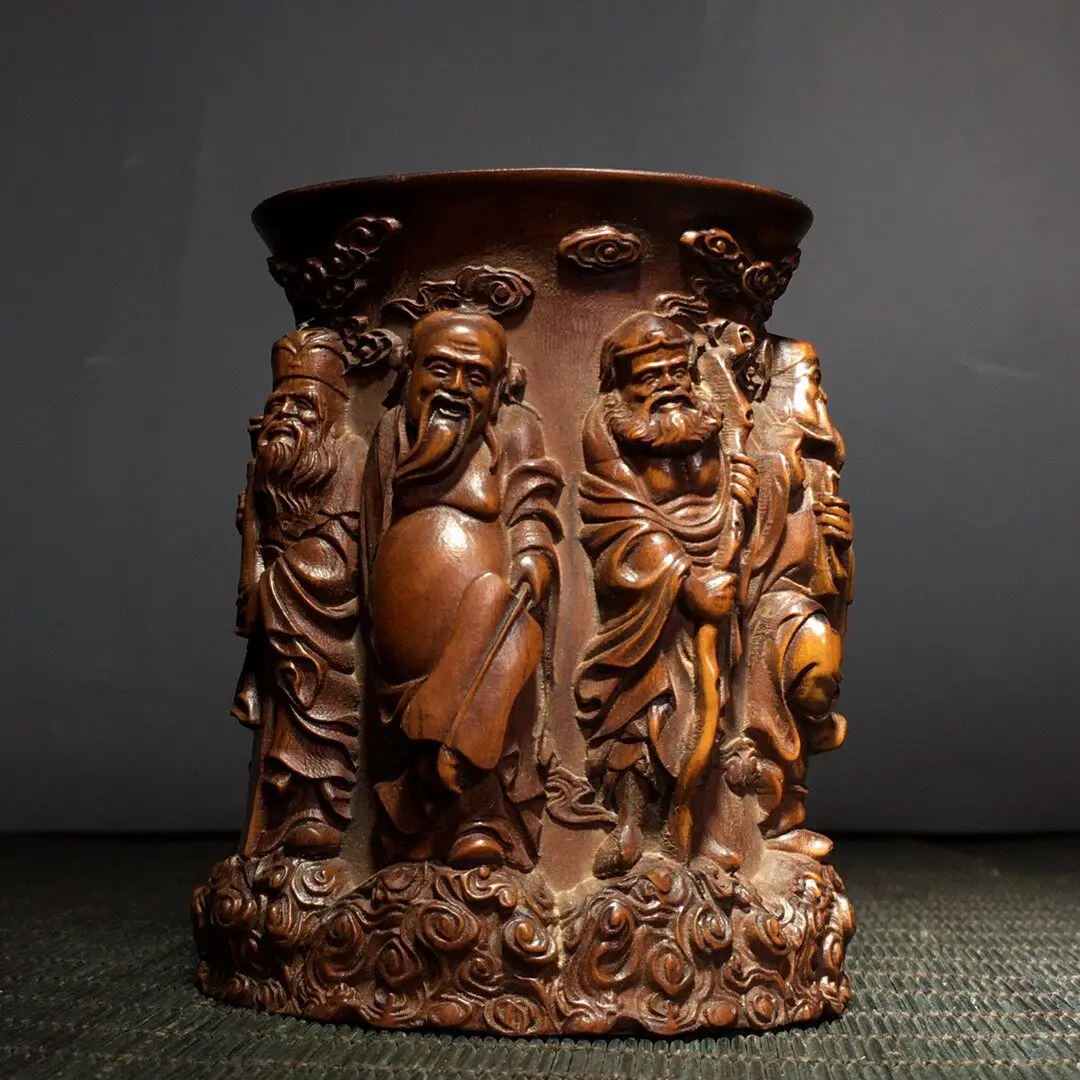 Antique boxwood carving pen holder brush pot relief Eight Immortals figures statue home desktop decoration stationery supply