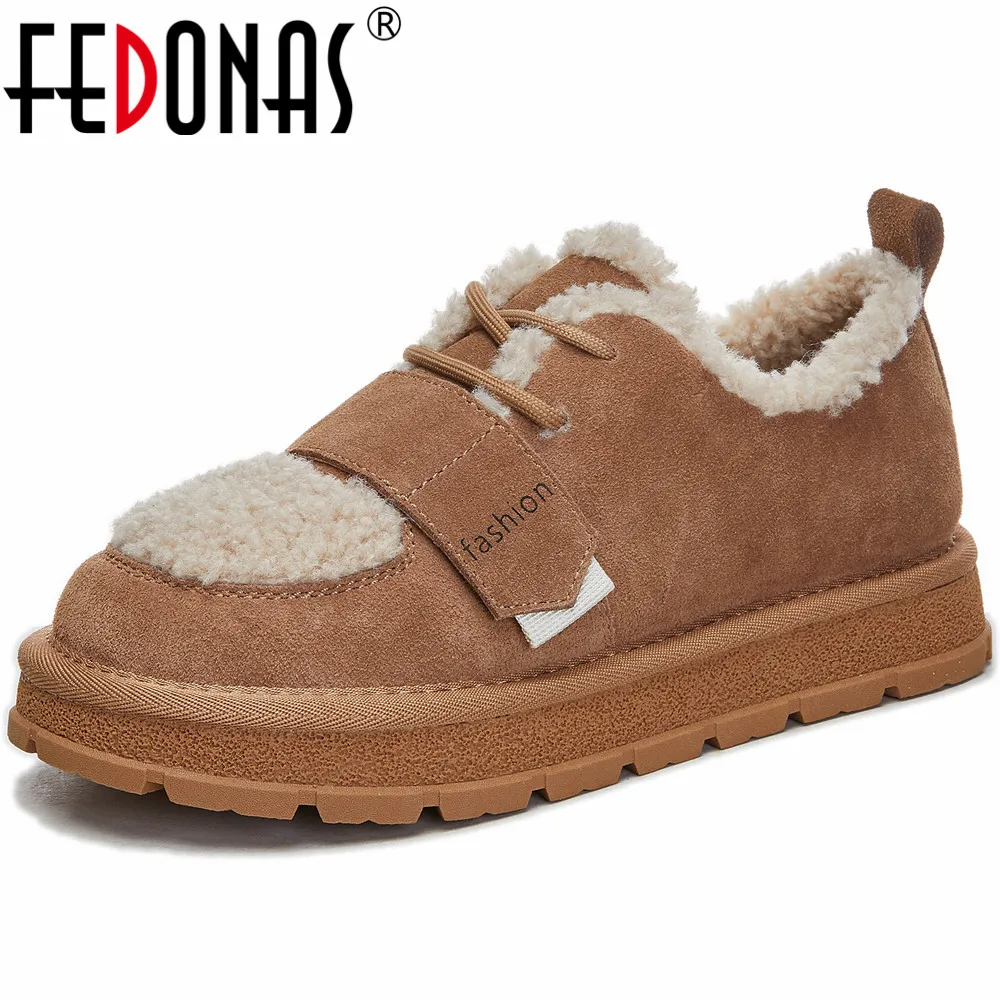 

FEDONAS Splicing Platforms Women Flats Winter Warm Wool Genuine Leather Round Toe Shoes Woman Comfortable Casual Working Shoes