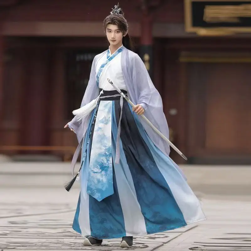 

Ancient Men's Hanfu Traditional Chinese Water Ink Painting Printing Costume Halloween Carnival Swordsman Cosplay Clothing Stage