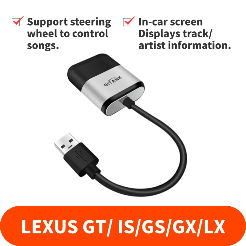 Adaptador de carro USB Bluetooth 5.0 compatível com LEXUS GT IS GS GX LX Toyota iPod iPhone Conector de interface de música