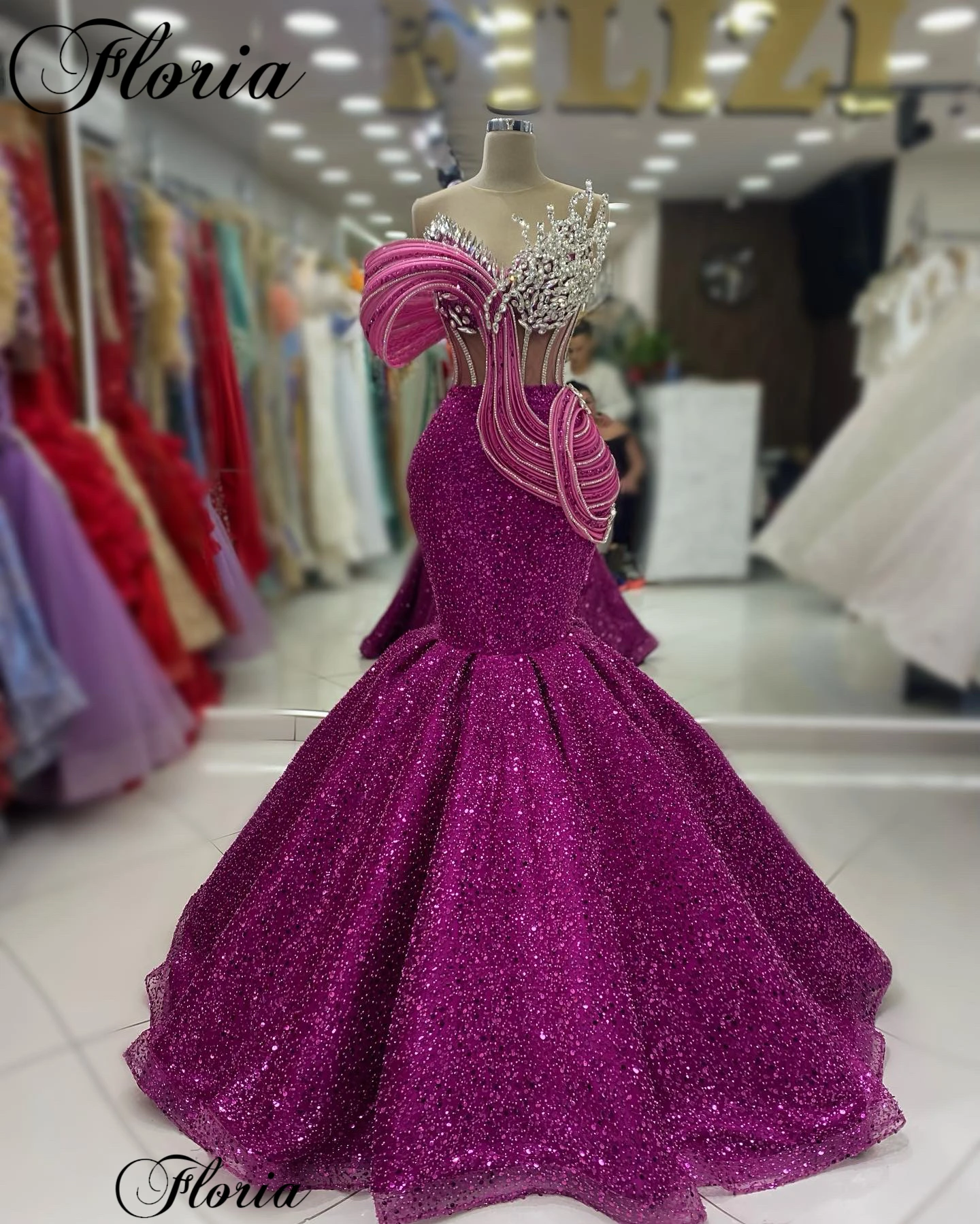 Fuchsia Sparkly Evening Dresses Mermaid Special Crystals Prom Party Dresses Luxury 2024 Vestidos Para Mujer Designer Coutures