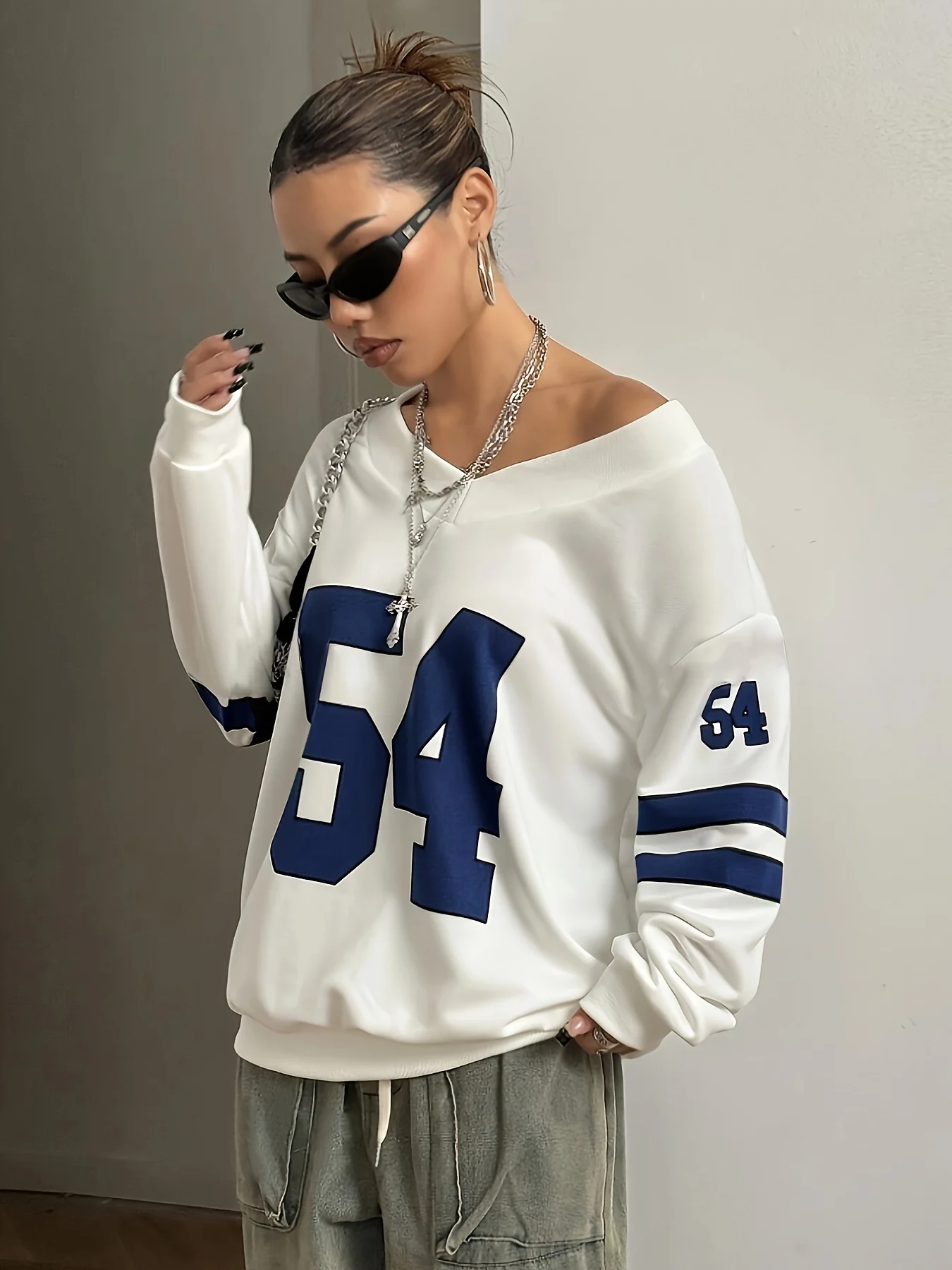 Y2K Vintage No.54 Print V‑Neck Long Sleeve T‑Shirt Women Striped Sleeve Casual Loose Football Jersey Streetwear Tops