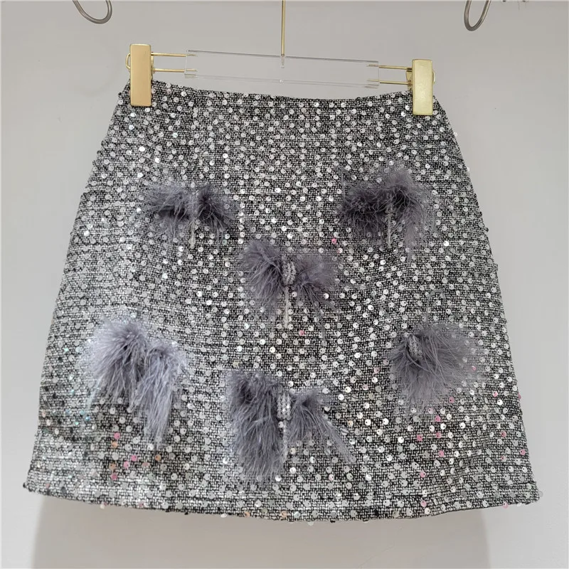 

Sparkling Sequin Tweed Skirt, Black and Grey Color, 2025 Autumn Fashion Hot Girl High Waist Slim Fit Bodycon Short Skirts