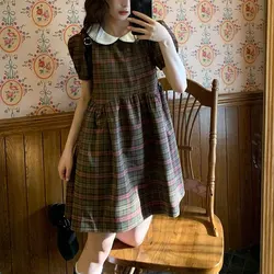 Vintage Puff Sleeve Plaid Dresses French Style Sweet Doll Collar Women's Clothing A-Line Waist Summer Loose Spliced Mini Dress