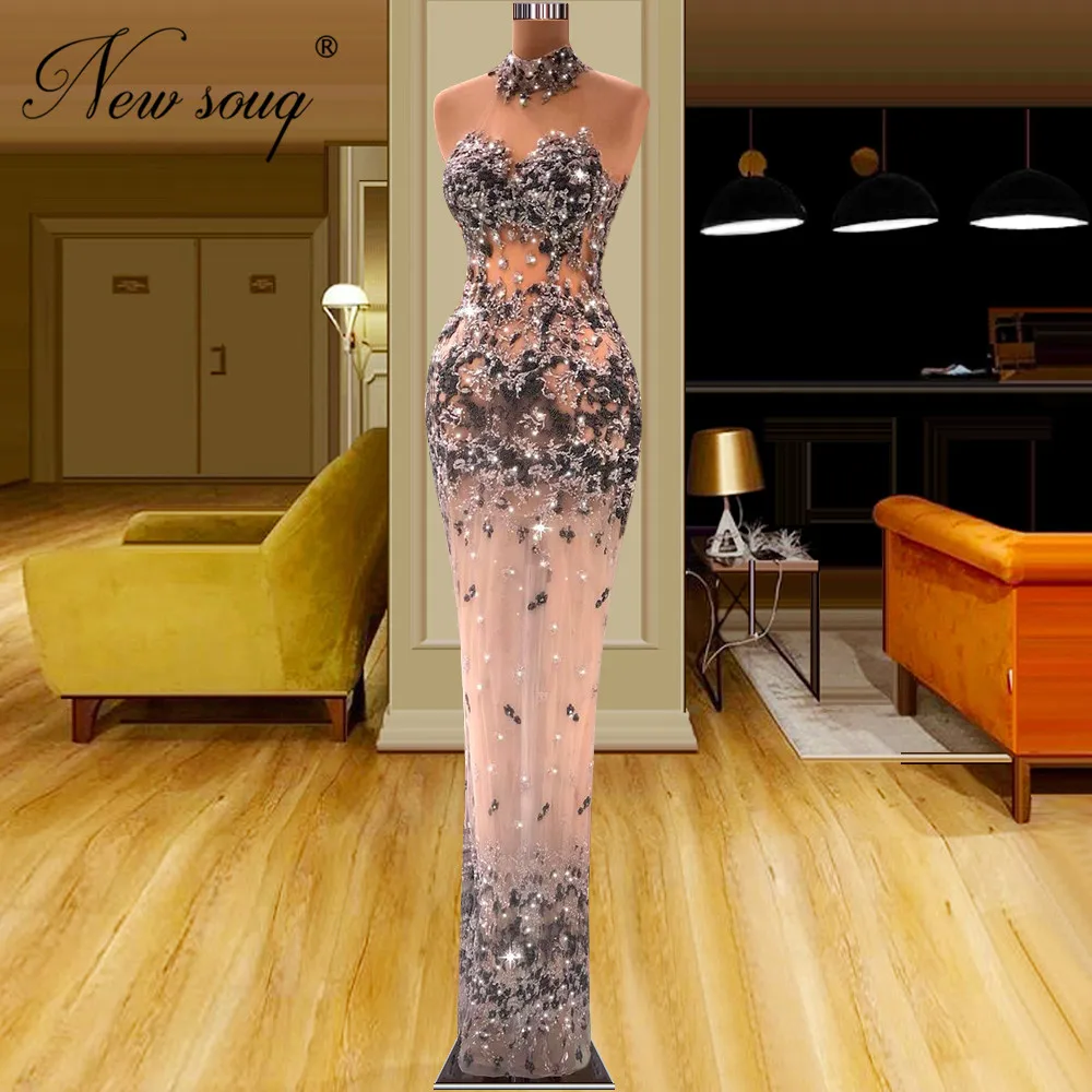 

Dubai Couture Illusion Evening Dresses Full Beaded Crystals Celebrity Dress New Fashion Red Carpet Runway Dress Arabic Prom Gown