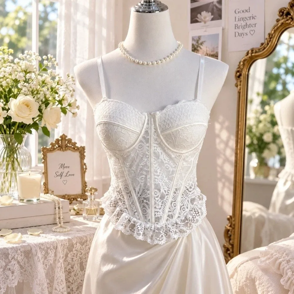 Hottie Mesh Transparentes Spitzen-Camisole, Figurbetontes Fischgräten-Spitzenkorsett, Ärmelloses Träger-Oberteil für den Alltag – Detail 5