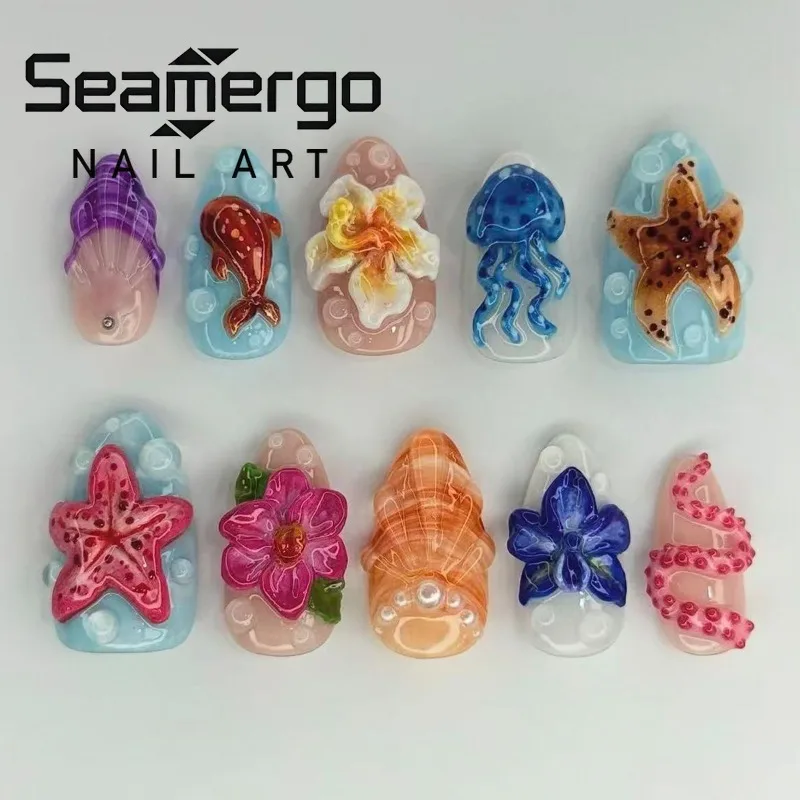 24PCS Summer Colorful Ocean Almond Fake Nails Cute 3D Flowers Jellyfish Shell Press on Nails Beach Vacation Style Acrylic Nails
