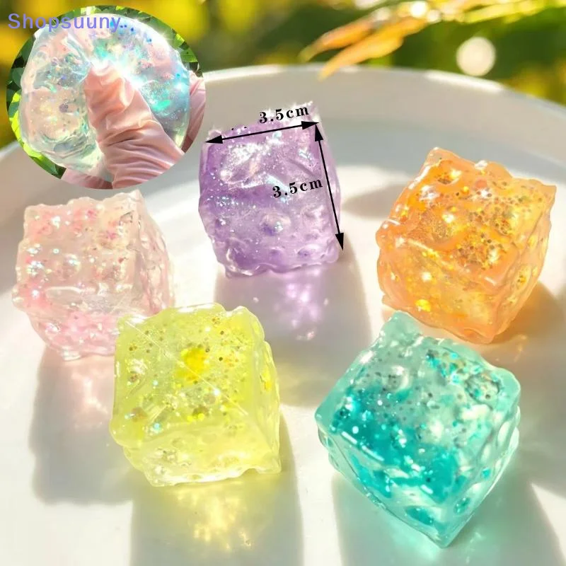 [SU]3.5cm Glitter Cheese Ice Cube Mochi Squeeze Toy Decompression Cube Stress Relief Fidget Toys Slow Rebound Party Favors[SU]