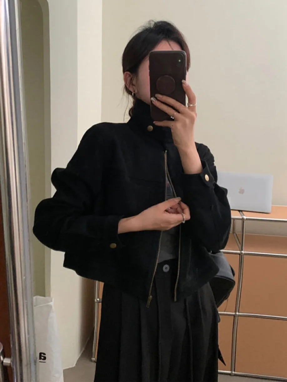 

Chic Retro Women's ort Leather Jaet Stand Collar Versatile Autumn Outfit Korean Sle Zipper Closure Casual Ele