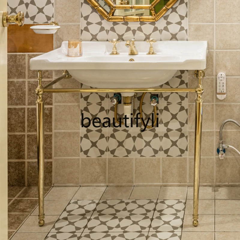 Butterfly pottery Nordic light luxury simple pure copper bracket washbasin British retro Victorian  combination basin export