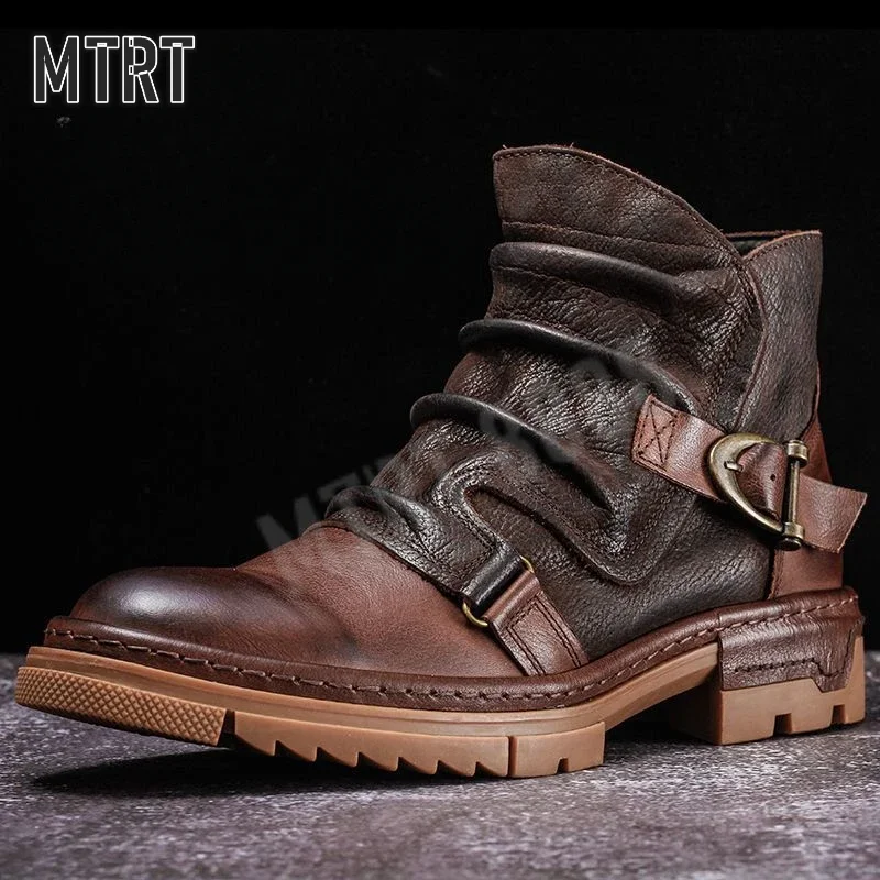 Retro Men's Motorcycle Leather Boots British Style Round Head High Top Shoes Casual Platform Boots Moto Street Gear