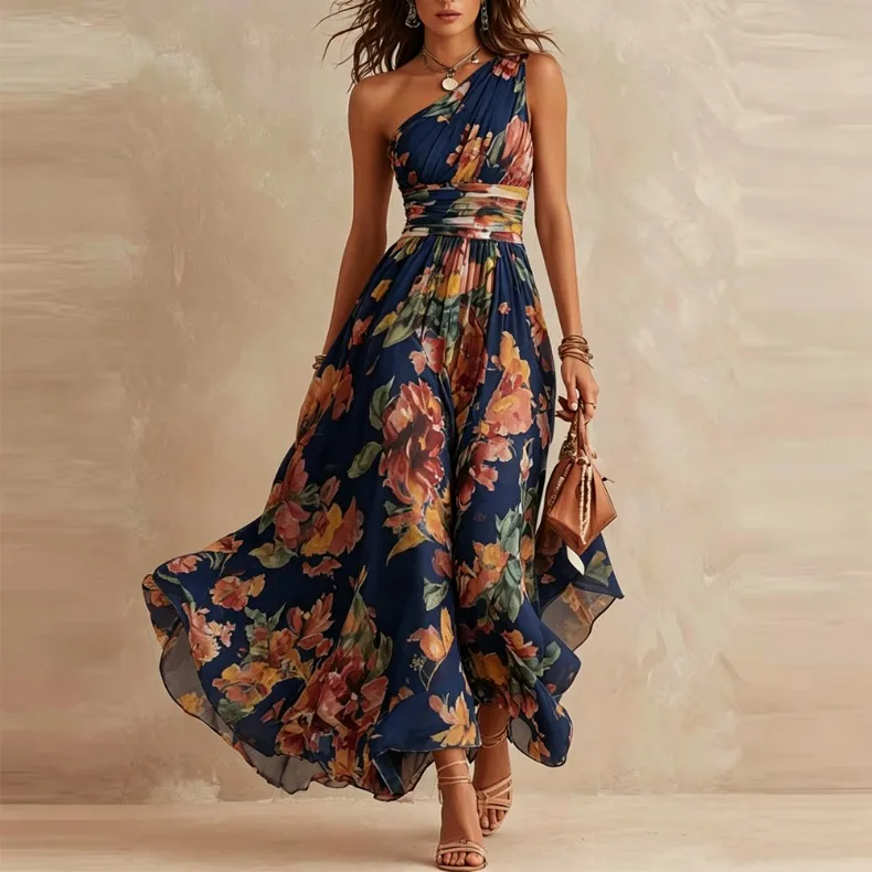 Retro bedrucktes, schulterfreies, ärmelloses A-Linien-Kleid mit Taillenbund für tägliche Partys, Geburtstage, sexy, elegantes langes Damenkleid – Detail 3