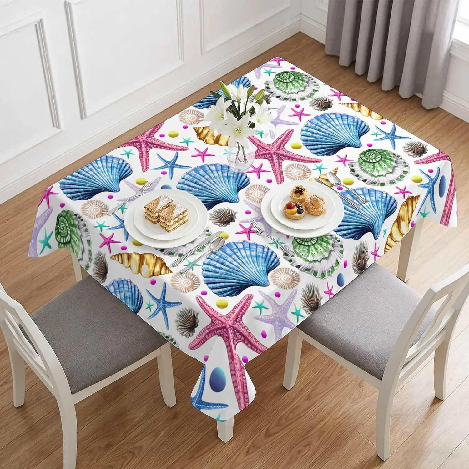Summer Marine Life Rectangle Tablecloth for Table Decor Watercolor Ocean Shell Starfish Conch Table Cloth Holiday Party Decor
