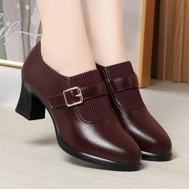 Autumn Fashion Comfort Deep Mouth Soft Leather Shoes Women Pumps 2025 Spring Block Heels Shoes for Office Mom Model Daily