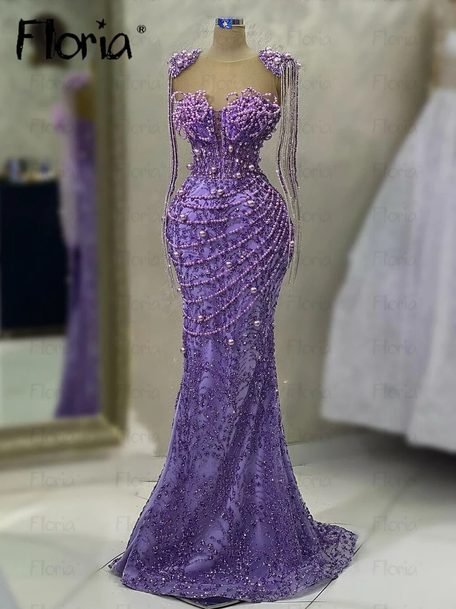 Lavender Party Dress Tassel Chains Sleeve Beaded Mermaid Formal Prom Gowns 2023 Vestido De Casamento Celebrity Dresses Customize