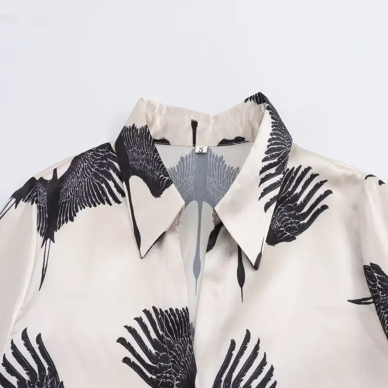 

2024 Summer New Women's Faion Design Hong Kong Sle Retro Silk Print Crane irt Versatile Long Sve Loose Fit Ladies irt