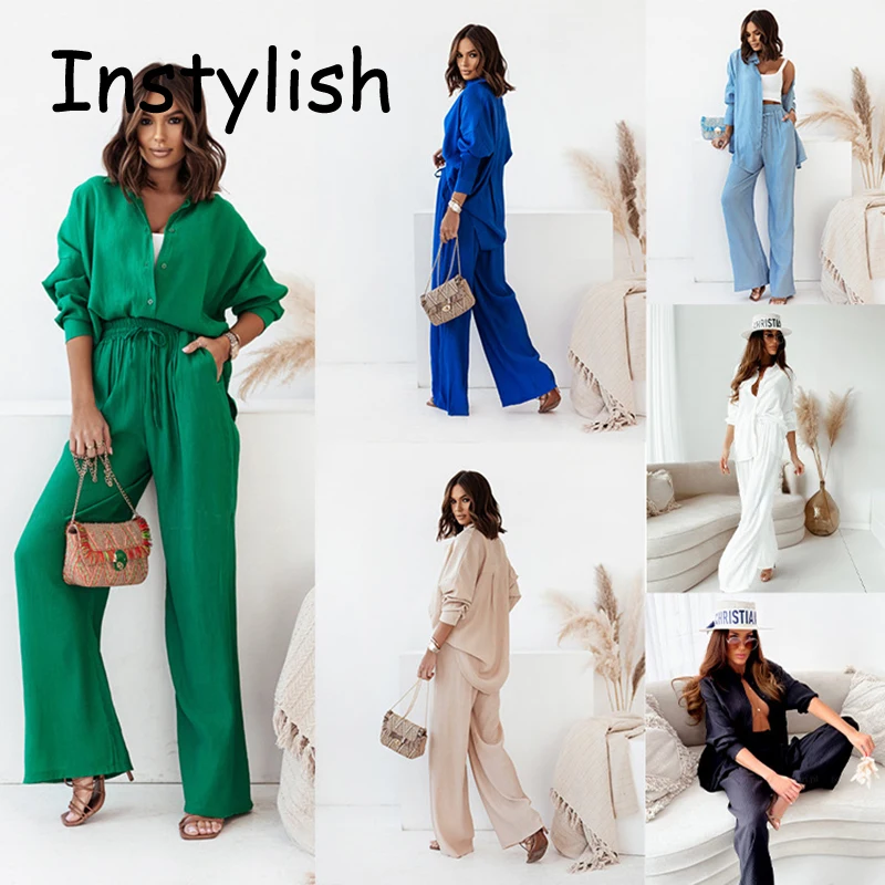 

Elegant Shirt Suits Women Autumn Long Sleeve Loose Blouse and Wide Leg Trouser 2 Pieces Sets Y2K Casual Solid Oversize Tracksuit