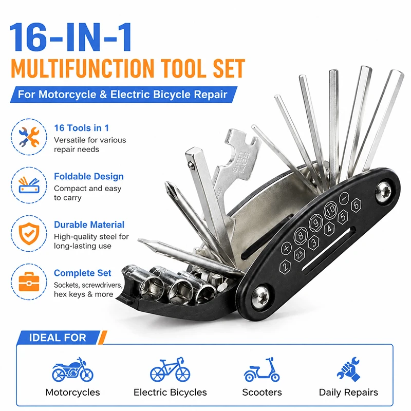 

16 in 1 Folding Multi Tool Set Combination Screwdriver with Hex Keys for Motorcycle E-Bike Bicycle Repair