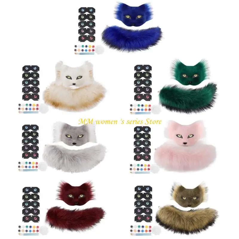 

Q39C Halloween Feline Mask And Furry Tail DIY Project For Themed Parties Role Playing Event Creative Costume Design