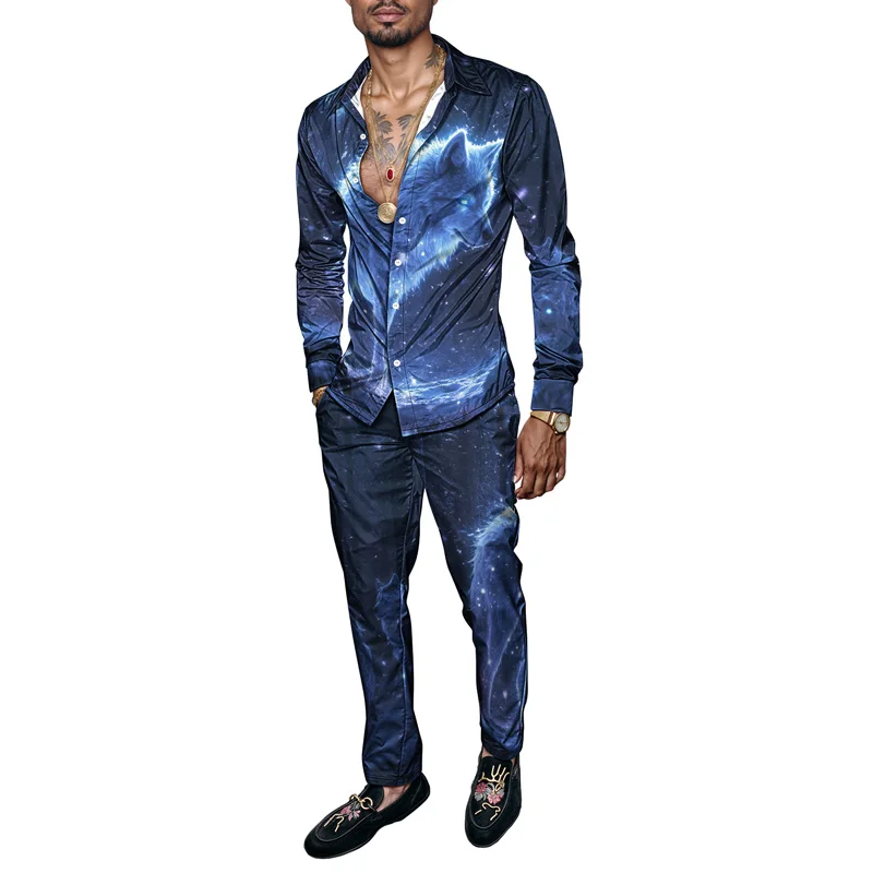 

2025 весенне-летний мужской комплект рубашек, модный принт волка с дизайном звездного неба, комплект из 2 предметов, мужская легкая тема «Вселенная»