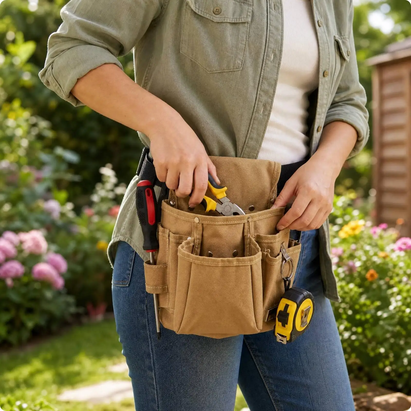 Multi Pocket Canvas Tool Waist Pouch with Metal Loop for Electrician Plumber Handyman Work