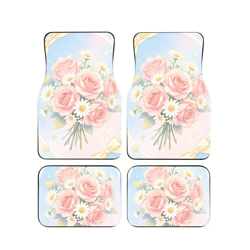 

Pink Rose Daisy Bouquet Print Car Floor Mats 4pcs Non-slip Foot Pads for Romantic Style Auto Interior