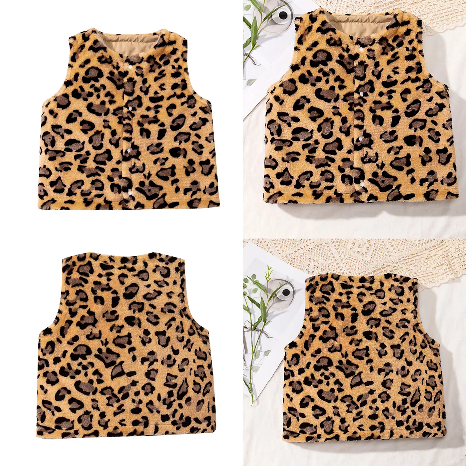 Kid Girls Boys Waistcoat Leopard Print Vest Outwear Cute Keep Warm Halloween Party Press Buttons Jacket for Outer Wear Cold Day