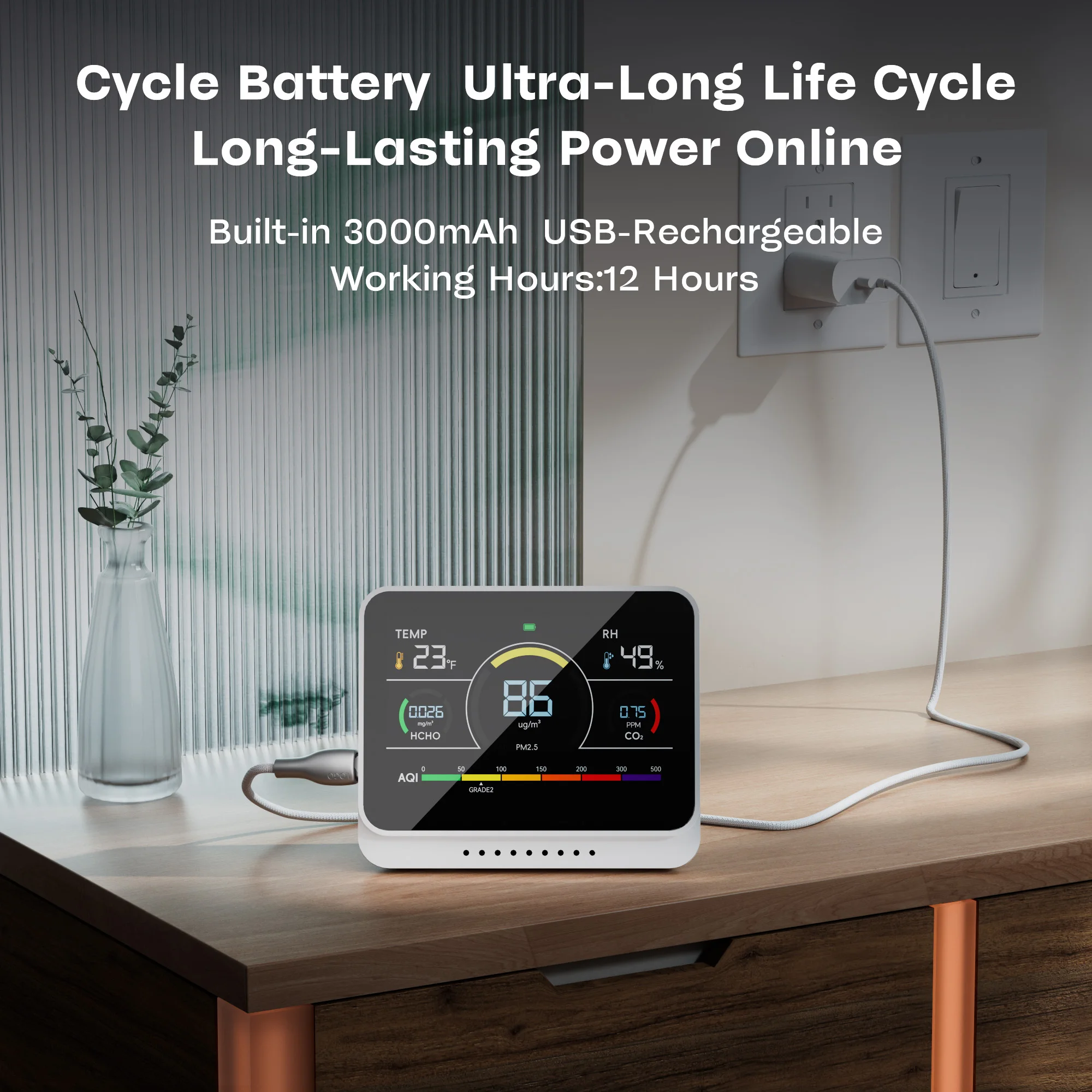 Booster AC02 13-in-1 Air Quality Monitor LCD Display & Beep Alarm 24-hour Monitoring Air Quality Humidity Temperature&PM1.0/PM2.5 PM10 CO2 HCHO Office&Home Usage