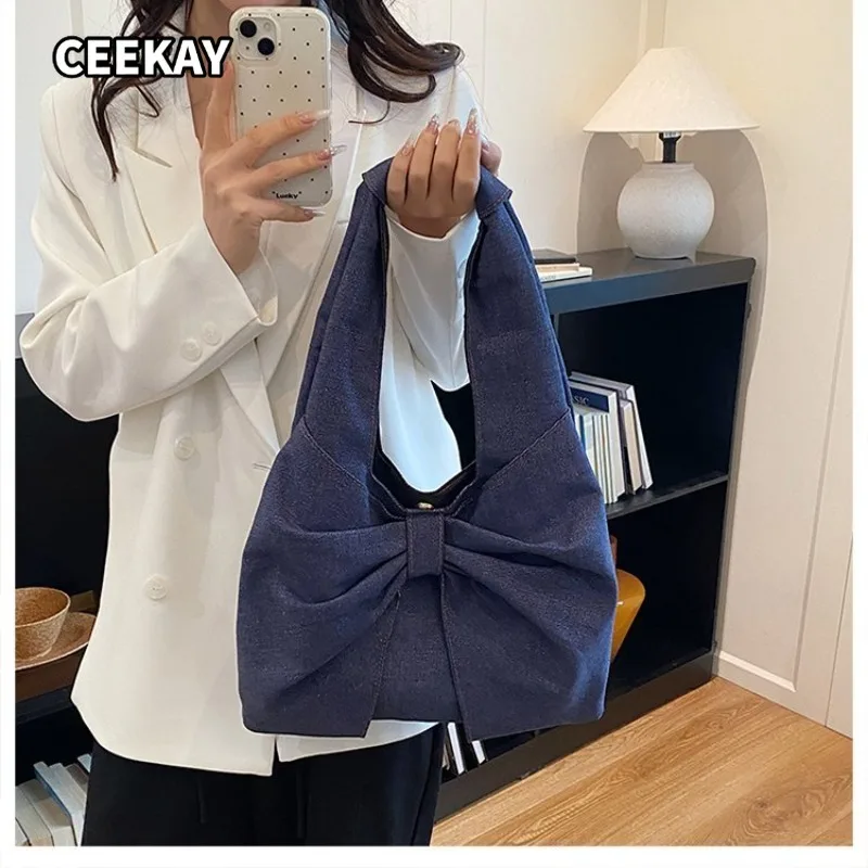 CEEKAY Washed Denim Hobo Underarm Tote Bag Large Three-dimensional Bow Decor Integrated Denim Long Shoulder Strap Magnetic Snap - view 4