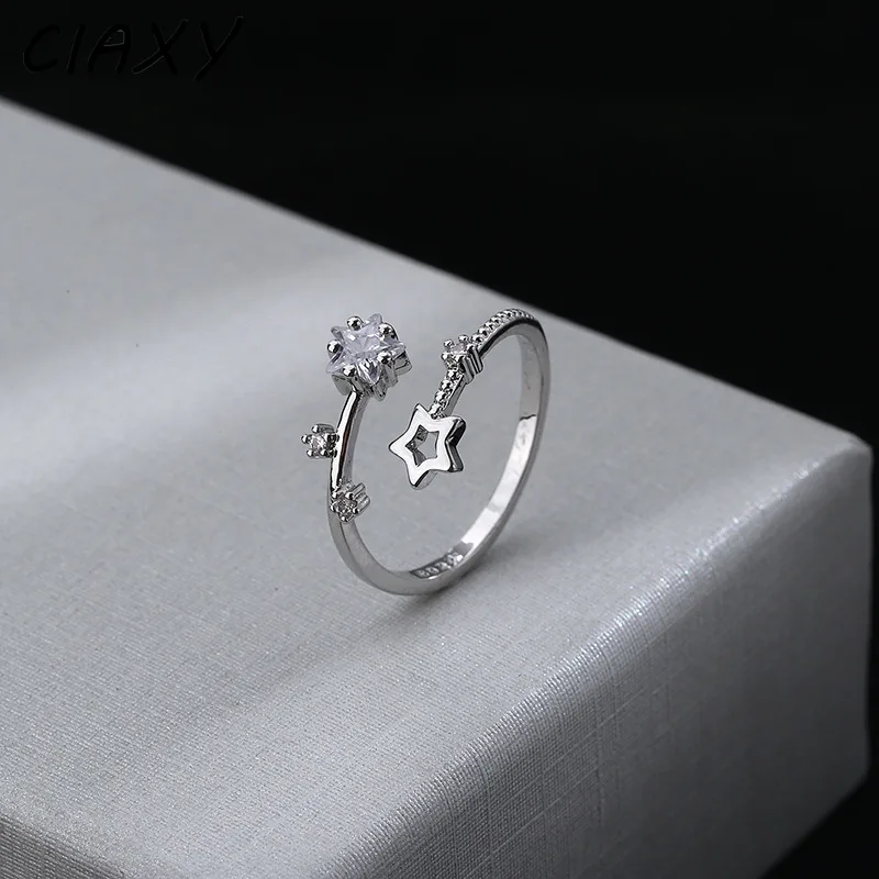 CIAXY Silver Color Hollow Five-pointed Star Rings for Women Flower Vine Adjustable Ring Inlaid Zircon Wedding Jewelry
