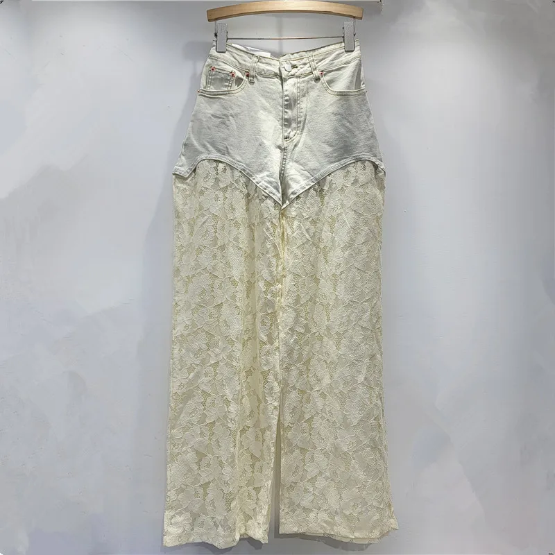 Wide Legs Pants 2025 Spring/Summer Casual Lace Splicing Jeans for Women Straight Y2k Falling Fashionable and Versatile Trousers