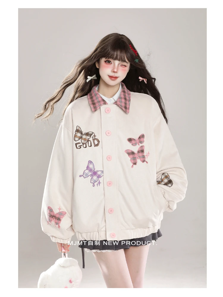 Japanese Sweet Cool Butterfly Embroidery Plaid Splicing Lapel Long Sleeve Baseball Jacket Loose Casual Thick Padded Coats Women