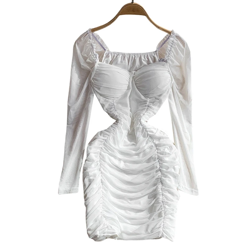 Sexy Quadrat Kragen Langarm Kleid Frauen Sommer Weiß Mesh Plissee Schlank Warp Hüften Kleid Dame Kurze Party Kleider