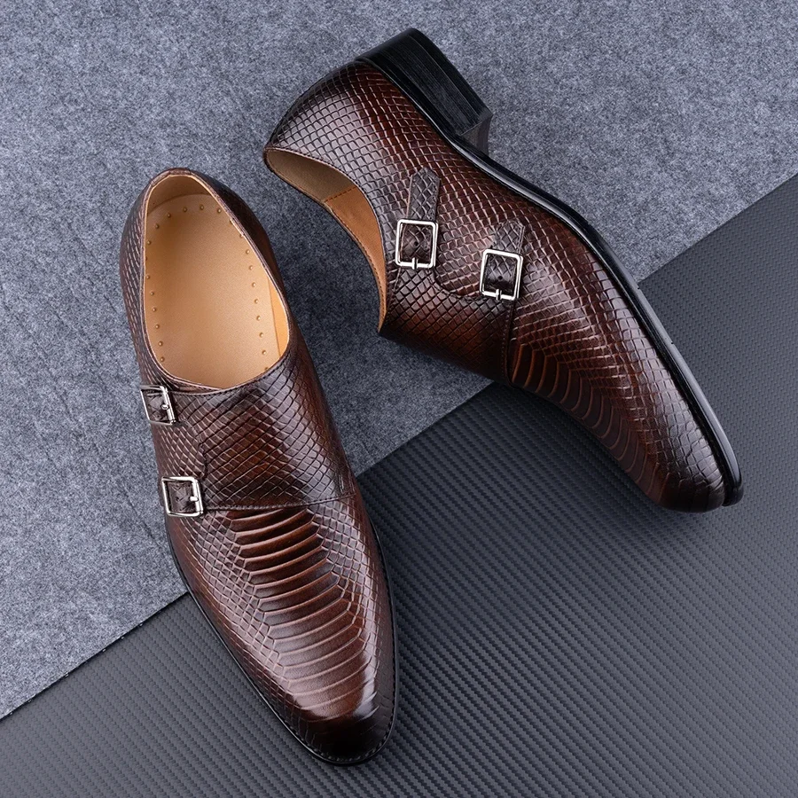 Men\'s Shoes Genuine Monk-Strap Shoe Office Leather Bussiness Casual Wedding Zapatos Hombre Black Formal Occasions New Fashion