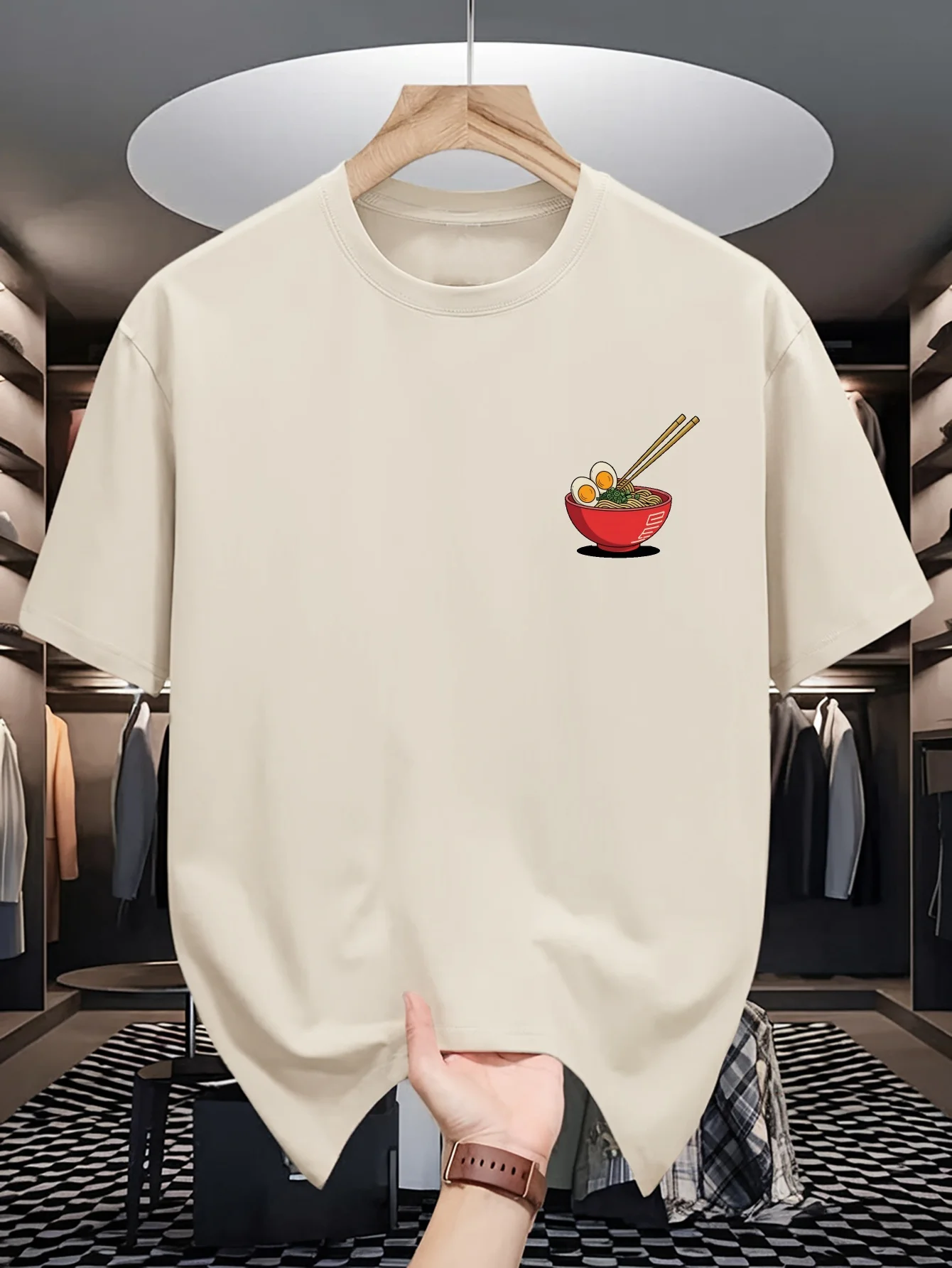 Summer Men's Fun Ramen Pattern T-Shirt with Japanese Cuisine Print 100% Cotton Loose Short-Sleeved Casual Shirt Outdoor Comfort