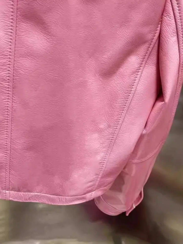 핑크 여성용 광택 양가죽 진짜 가죽 재킷 슬림 핏 지퍼 스탠드 칼라 모터사이클 바이커 방풍 숏 스타일 코트