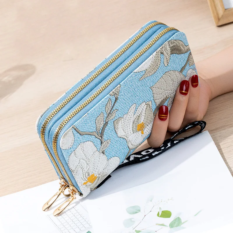 

Fashionable Women's Long Wallet Double Zipper Large Capacity Purse Soft Floral Female Card Wallets Phone Bag for School Student