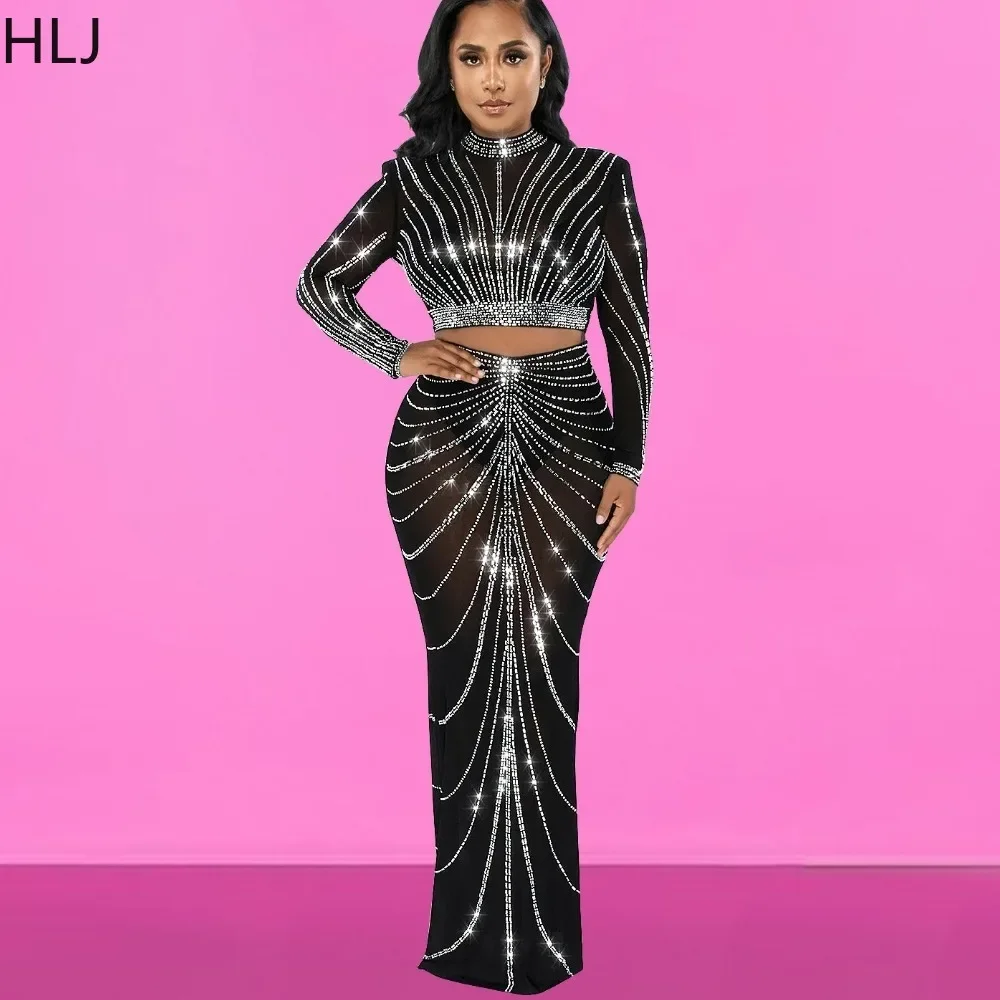 HLJ Fashion Mesh Rhinestone Skirts Two Piece Sets Women O Neck Long Sleeve Crop Top And Skirts Outfits Lady Party Club Clothing