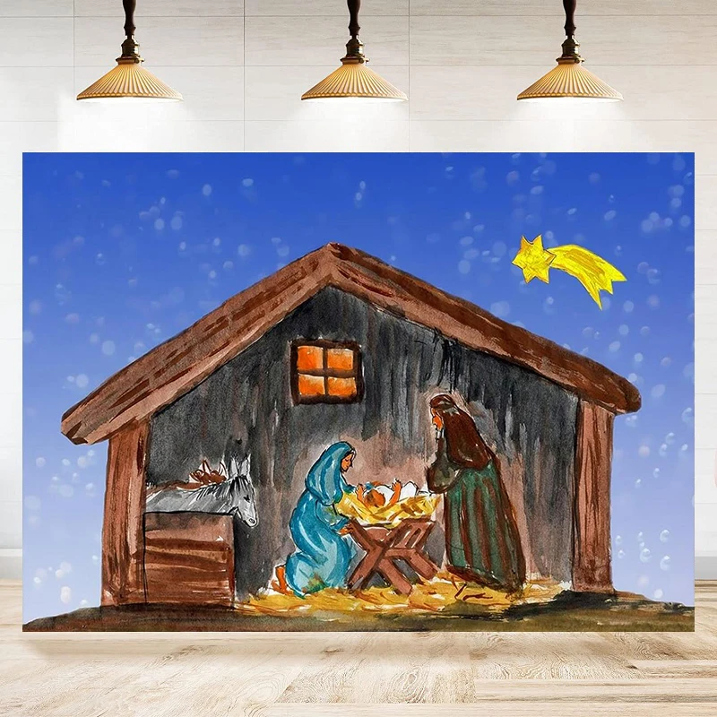 Jesus Birth Photography Backdrop Nativity Manger Scene Mary Joseph Baby Jesus In The Crib Holy Star Background Decorate Banner