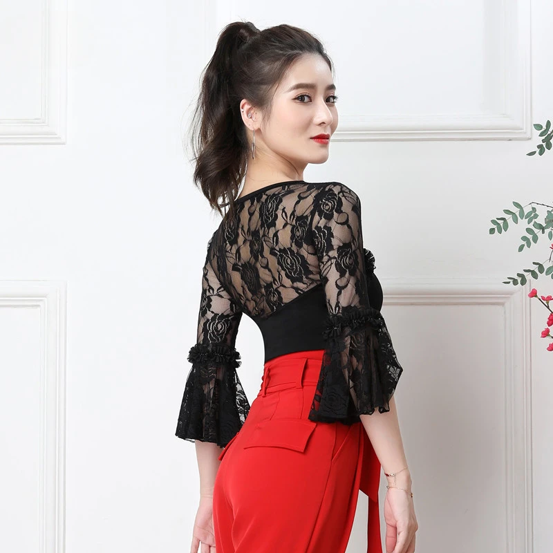 

customized modern dance top with flared sleeves square jumpsuit for women's national standard mid sleeved social dance costume