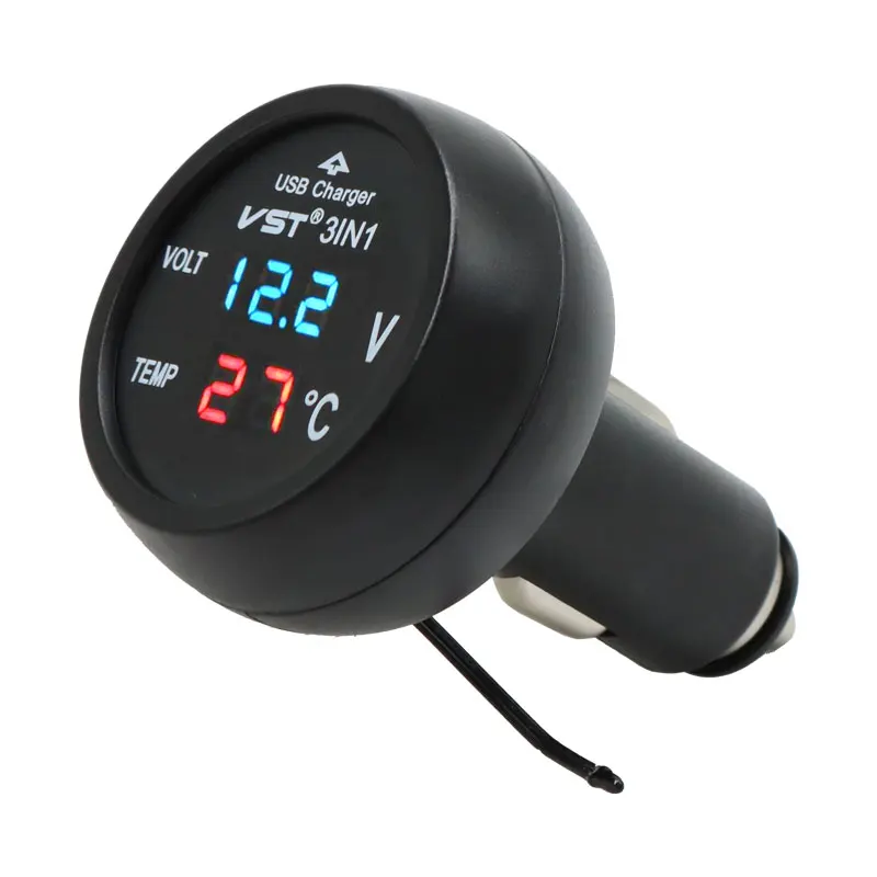 Three-In-One Dual-Display Car Charger Cigarette Lighter Temperature Voltmeter Thermometer 2.1A Car Charger