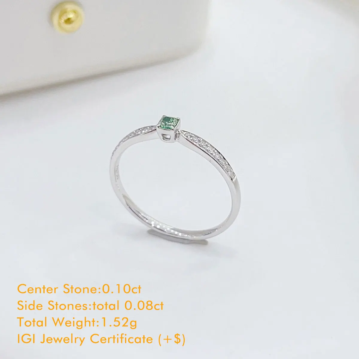 18K White Gold Sidestone Diamond Ring Cushion Natural Diamond Ring Total 0.18ct Tapered Shank Green Diamond Ring For Women Gift