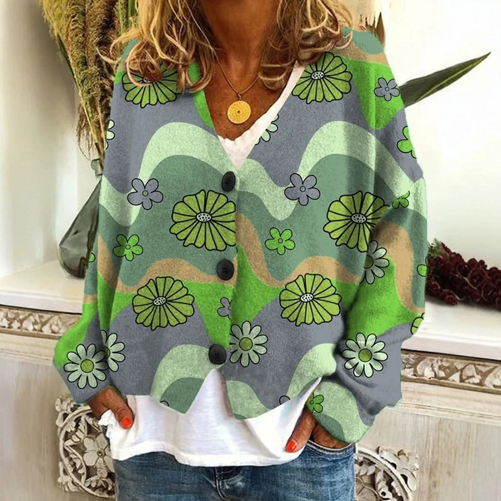 

UNIKTEE женский кардиган с v-образным вырезом и пуговицами спереди, с длинным рукавом и принтом, стандартный крой, осень-зима, базовый повседневный открытый кардиган