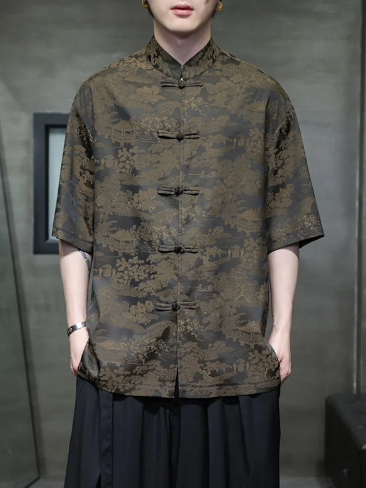 

New Chinese Sle Ice Silk ort Sve Men's irt Thin Five Sve Summer Faion Big Size Button Tang Costume Loose Fit irt