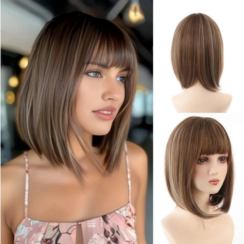 BOBO style short straight hair bangs, highlights in brown, synthetic fiber full wig with free labeling
