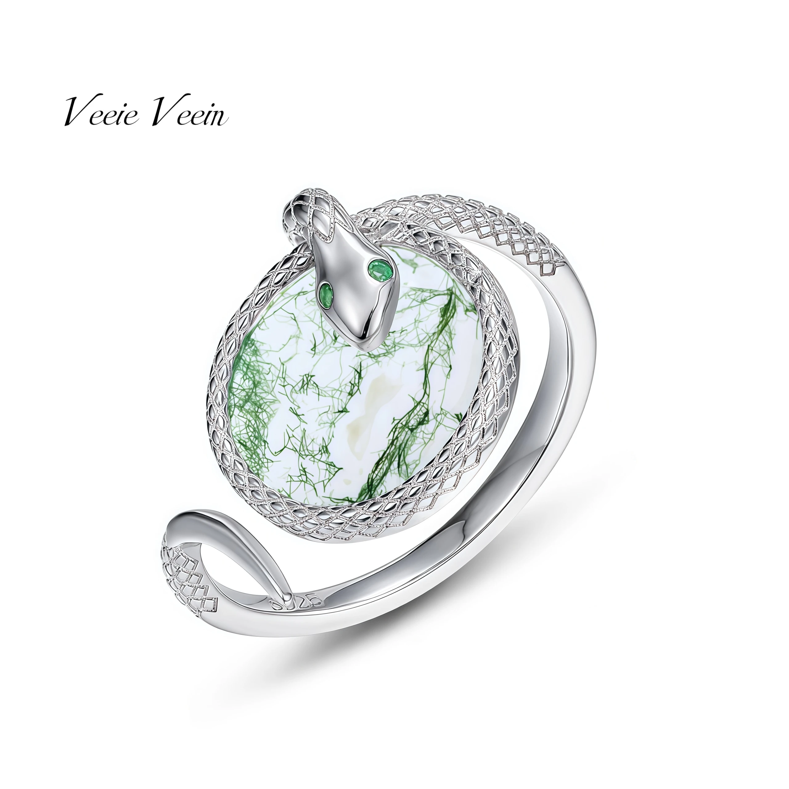 

Veeie Veein бренд S стерлингового серебра 925 пробы кольца женские змеевидный спиральный зеленый мох камень агат открытое кольцо ювелирные изделия